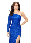 Royal ASHLEYlauren 1977 fitted hand-beaded dress featuring a one shoulder long sleeve, left leg slit, and a horsehair hem for an elegant and sophisticated look.