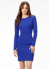 Royal ASHLEYlauren 4336 fitted short dress featuring a classic crew neckline, long sleeves with shoulder pads, and a full exposed zipper back for a sleek and modern look.