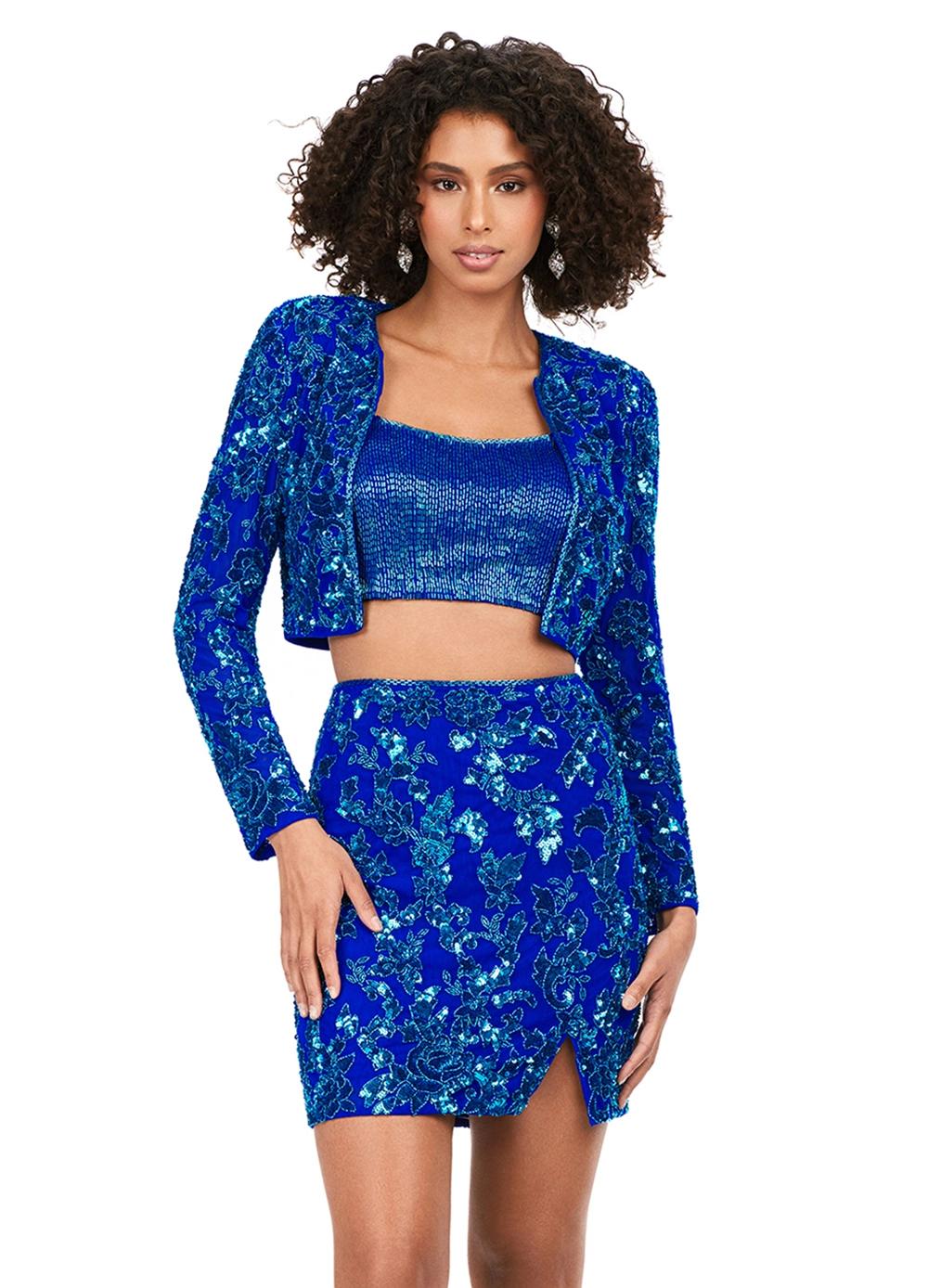 Royal ASHLEYlauren 4618 three piece set featuring a fully liquid beaded crop top, intricately beaded jacket, and a fitted skirt with a slit for a bold and fashionable statement look.