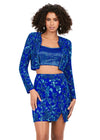 Royal ASHLEYlauren 4618 three piece set featuring a fully liquid beaded crop top, intricately beaded jacket, and a fitted skirt with a slit for a bold and fashionable statement look.