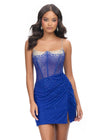 Royal ASHLEYlauren 4690 stunning cocktail dress featuring an illusion neckline, corset bustier with press-on stones cascading down the skirt, and a wrap skirt with a side slit for an elegant and head-turning look.