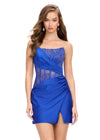 Royal ASHLEYlauren 4691 one shoulder cocktail dress featuring a fully beaded corset bustier with press-on stones, a wrap skirt, and a left leg slit for an elegant and glamorous look.