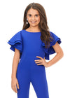 Royal ASHLEYlauren Kids 8156 versatile scuba jumpsuit featuring a classic crew neckline, playful ruffle sleeves, and flare bottom pants for a fun and stylish look.