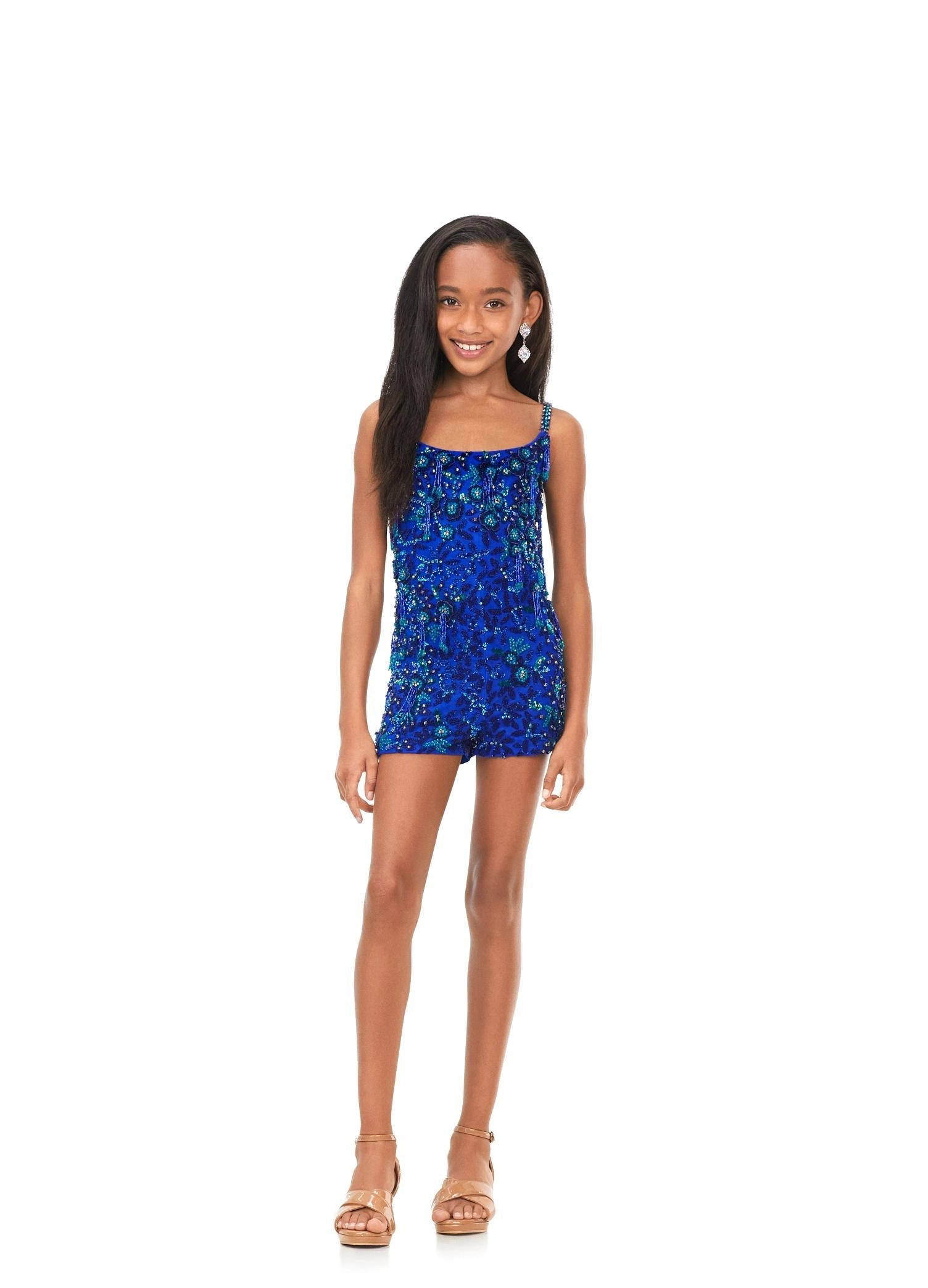 Royal ASHLEYlauren Kids 8186 Hand Beaded Romper with 3D Appliques and Fringe Details