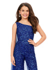 Royal ASHLEYlauren Kids 8191 Fully Beaded One Shoulder Jumpsuit with Chiffon Cape