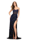 Royal/Black ASHLEYlauren 11614 Strapless Fully Beaded Gown with Sweetheart Neckline, Illusion Corset Bustier, and Left Leg Slit