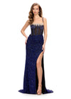 Royal/Black ASHLEYlauren 11711 elegant gown featuring a fully hand-beaded bodice, spaghetti straps, corset bustier, illusion neckline, and a left leg slit for a glamorous and sophisticated look.