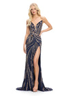 Royal/Gold ASHLEYlauren 11236 strapless gown featuring a sweetheart neckline, modern floral sequin motif cascading down the bustier and skirt, and a left leg slit for a glamorous and head-turning look.