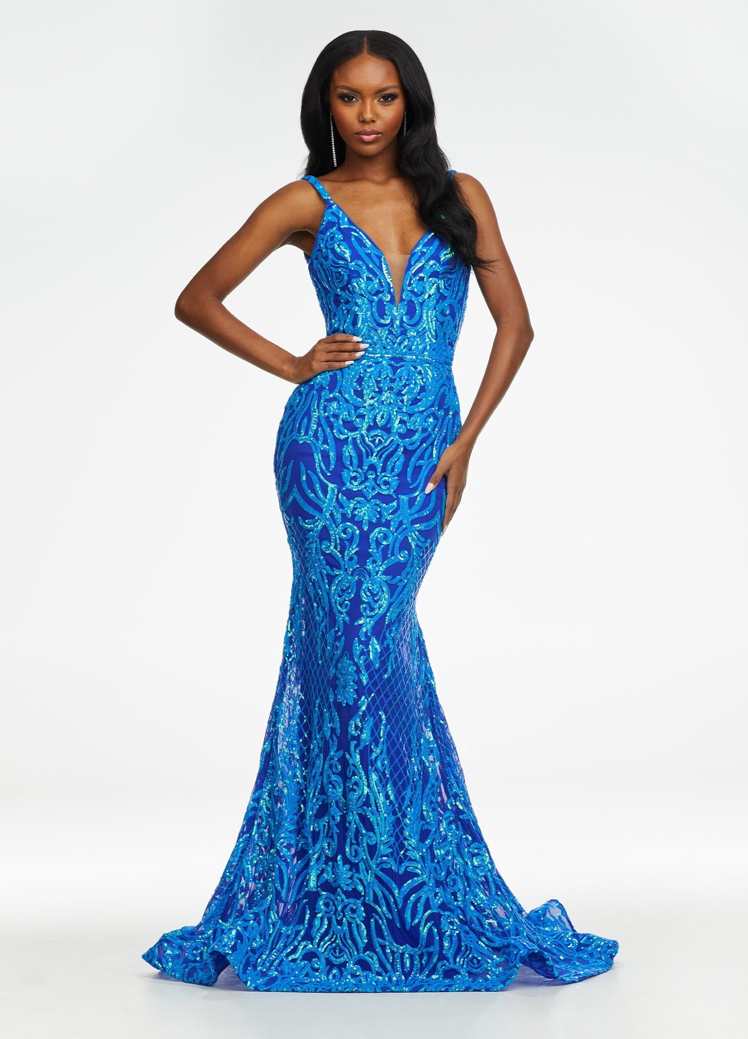 ashley lauren blue sequin dress ASHLEYlauren 11670 Deep V Fully Beaded Gown