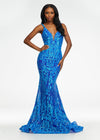 Royal/Turquoise ASHLEYlauren 11113 stretch sequin gown featuring spaghetti straps, an illusion V-neckline, deep V-back, and a horsehair hem for a sleek and glamorous statement look.