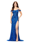 Royal/Turquoise ASHLEYlauren 11257 fully beaded gown featuring spaghetti straps, a sweetheart neckline, intricate bead pattern to accent curves, draped shoulder straps, left leg slit, and a sweep train for an elegant finish.