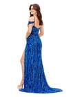 Back. Royal/Turquoise ASHLEYlauren 11257 fully beaded gown featuring spaghetti straps, a sweetheart neckline, intricate bead pattern to accent curves, draped shoulder straps, left leg slit, and a sweep train for an elegant finish.