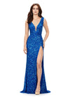 Royal/Turquoise ASHLEYlauren 11373 stunning fitted gown featuring a deep V-neckline, lace-up open back, fully hand-beaded design, and a left leg slit, available in vibrant colors for a bold and head-turning look.
