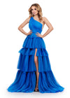Royal/Turquoise ASHLEYlauren 11619 One Shoulder Ball Gown with Ruched Bustier, Two-Tone Tiered Pleated Tulle Skirt, and Left Leg Slit