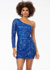 Royal/Turquoise ASHLEYlauren 4457 fully hand-beaded cocktail dress featuring a one shoulder sleeve and a fitted skirt for a sleek and glamorous silhouette.