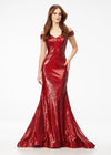 Ruby Red ASHLEYlauren 11107 Off-Shoulder Sequin Gown with Criss-Cross Open Back, Fit & Flare Silhouette, and Horsehair Hem