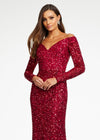 Ruby Red ASHLEYlauren 11176 off shoulder sequin gown featuring long sleeves, a fitted silhouette, an inner corset for added structure, and a sweeping train for a dramatic and glamorous look.