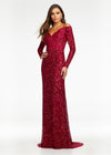 Ruby Red ASHLEYlauren 11176 off shoulder sequin gown featuring long sleeves, a fitted silhouette, an inner corset for added structure, and a sweeping train for a dramatic and glamorous look.