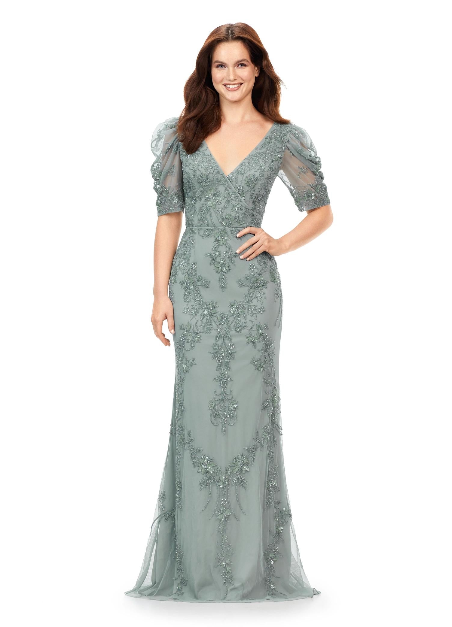 Sage ASHLEYlauren 11234 Elegant Fully Beaded Gown with V-Neckline, Wrap Style Bustier, and Sheer Ruffled Puff Mesh Sleeves