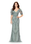 Sage ASHLEYlauren 11234 Elegant Fully Beaded Gown with V-Neckline, Wrap Style Bustier, and Sheer Ruffled Puff Mesh Sleeves