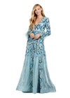 Sage ASHLEYlauren 11435 Glamorous Fully Beaded A-Line Gown with V-Neckline, Elegant Long Sleeves, and Feather Trimmed Cuffs
