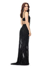 Side view. Black ASHLEYlauren 11280 daring one shoulder gown featuring an intricate bead pattern, scattered fringe accents, bold side cut outs, and a left leg slit for a striking and glamorous statement look.