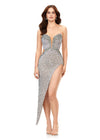 Silver ASHLEYlauren 11237 Strapless Gown with Crystal and Sequin Beading, Illusion V-Neckline, Cut-Outs, Asymmetrical Skirt, and Left Leg Slit