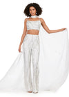 Silver ASHLEYlauren 11385 statement two-piece jumpsuit featuring an intricately hand-beaded bustier and pants, a matching beaded choker, and a dramatic chiffon cape for a bold and fashion-forward look.