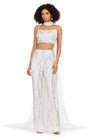 Silver ASHLEYlauren 11385 statement two-piece jumpsuit featuring an intricately hand-beaded bustier and pants, a matching beaded choker, and a dramatic chiffon cape for a bold and fashion-forward look.