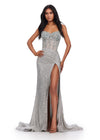 Silver ASHLEYlauren 11648 Strapless Fully Beaded Gown with Illusion Corset Bustier, Ruched Hip Detail, and Left Leg Slit