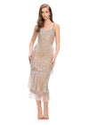 Silver ASHLEYlauren 11766 glamorous fully hand-beaded midi dress featuring a sweetheart neckline, intricate beaded pattern with fringe accents, and a back slit for an elegant and sophisticated look.
