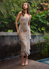 Silver ASHLEYlauren 11766 glamorous fully hand-beaded midi dress featuring a sweetheart neckline, intricate beaded pattern with fringe accents, and a back slit for an elegant and sophisticated look.