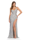 Silver ASHLEYlauren 11812 Fully Beaded Gown with Sweetheart Neckline, Lace-Up Back, and Left Leg Slit