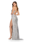 Back - Silver ASHLEYlauren 11812 Fully Beaded Gown with Sweetheart Neckline, Lace-Up Back, and Left Leg Slit