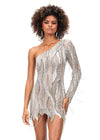 Silver ASHLEYlauren 4563 one shoulder cocktail dress featuring an intricate bead pattern, scattered fringe details, and a unique zigzag hemline for a bold and glamorous look.