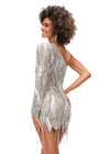 Back - Silver ASHLEYlauren 4563 one shoulder cocktail dress featuring an intricate bead pattern, scattered fringe details, and a unique zigzag hemline for a bold and glamorous look.