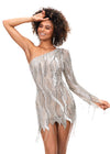 Silver ASHLEYlauren 4563 one shoulder cocktail dress featuring an intricate bead pattern, scattered fringe details, and a unique zigzag hemline for a bold and glamorous look.