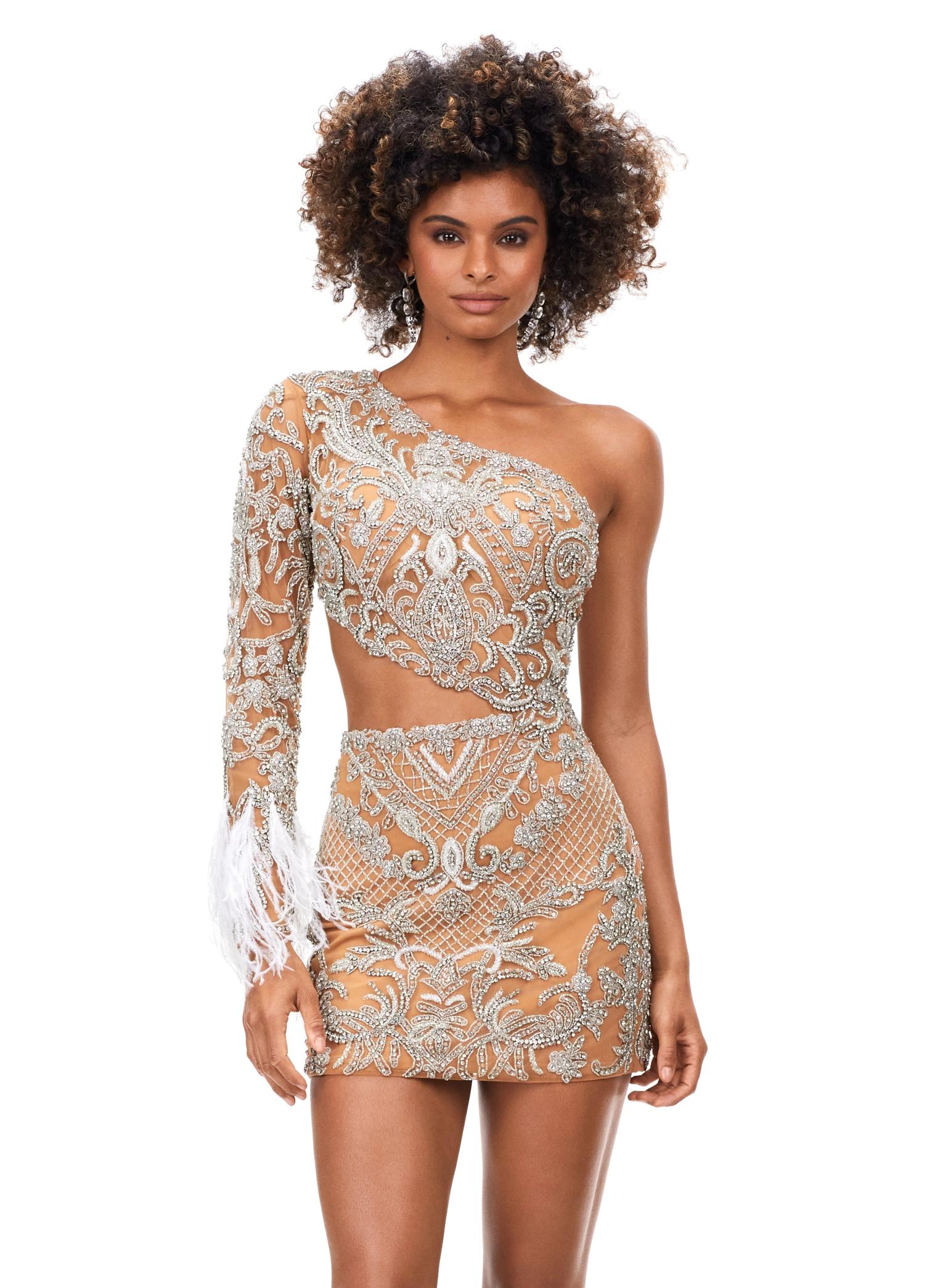 Silver ASHLEYlauren 4565 fully beaded cocktail dress featuring a one sleeve design, modern waist cut-out, and feather accents at the wrist for a bold and glamorous look.