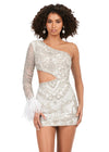 Silver ASHLEYlauren 4565 fully beaded cocktail dress featuring a one sleeve design, modern waist cut-out, and feather accents at the wrist for a bold and glamorous look.
