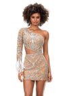 Silver ASHLEYlauren 4565 fully beaded cocktail dress featuring a one sleeve design, modern waist cut-out, and feather accents at the wrist for a bold and glamorous look.