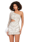 Front - Silver ASHLEYlauren 4565 fully beaded cocktail dress featuring a one sleeve design, modern waist cut-out, and feather accents at the wrist for a bold and glamorous look.