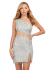 Silver ASHLEYlauren 4595 fitted sequin cocktail dress featuring a one shoulder neckline, illusion shark bite cut-out along the waistline, corset details, and dramatic crystal fringe for a bold and show-stopping look.