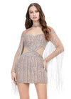 Silver ASHLEYlauren 4601 fully beaded cocktail dress featuring a sweetheart neckline, illusion cut outs at the waist, open back, fitted skirt, and long sleeves with fringe for a dramatic and show-stopping look.
