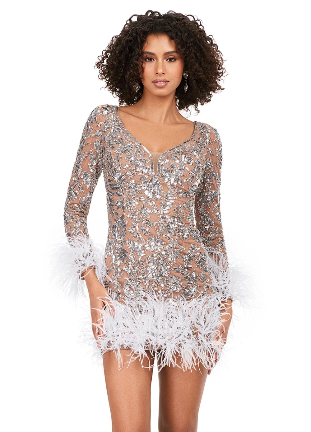 Silver ASHLEYlauren 4616 fully sequin cocktail dress featuring a V-neckline, open back, fitted skirt, and feather details along the skirt and sleeves for a luxurious and dramatic look.