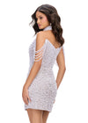 Back - Silver ASHLEYlauren 4758 Fully Beaded Long Sleeve Cocktail Dress with Plunging V-Neckline and Fringe