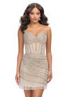 Silver ASHLEYlauren 4763 Hand Beaded Cocktail Dress with Corset Bustier and Fringe Trim