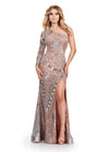 Silver/Dark Nude ASHLEYlauren 11671 One Shoulder Fully Beaded Gown with Intricate Mirror Accents, Left Leg Slit, and Structured Horsehair Hem