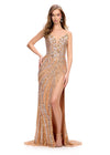 Silver/Gold ASHLEYlauren 11236 strapless gown featuring a sweetheart neckline, modern floral sequin motif cascading down the bustier and skirt, and a left leg slit for a glamorous and head-turning look.