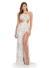 ASHLEYlauren 11789 Fully Beaded One-Shoulder Gown with Cut-Out Sides, Open Back, and Left Leg Slit