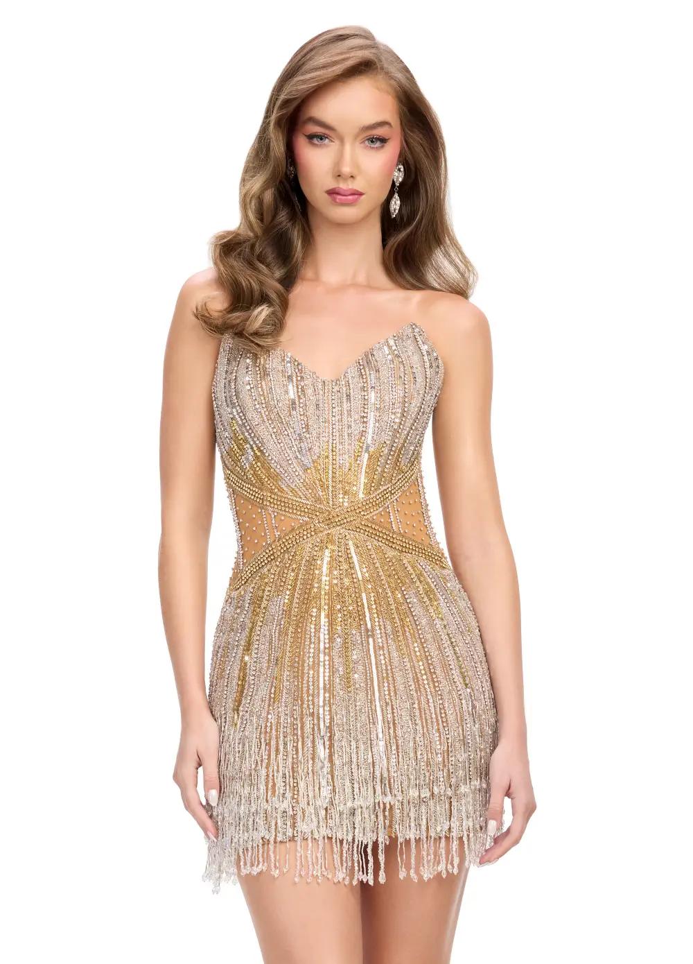 ASHLEYlauren 4765 Strapless Beaded Fringe Cocktail Dress